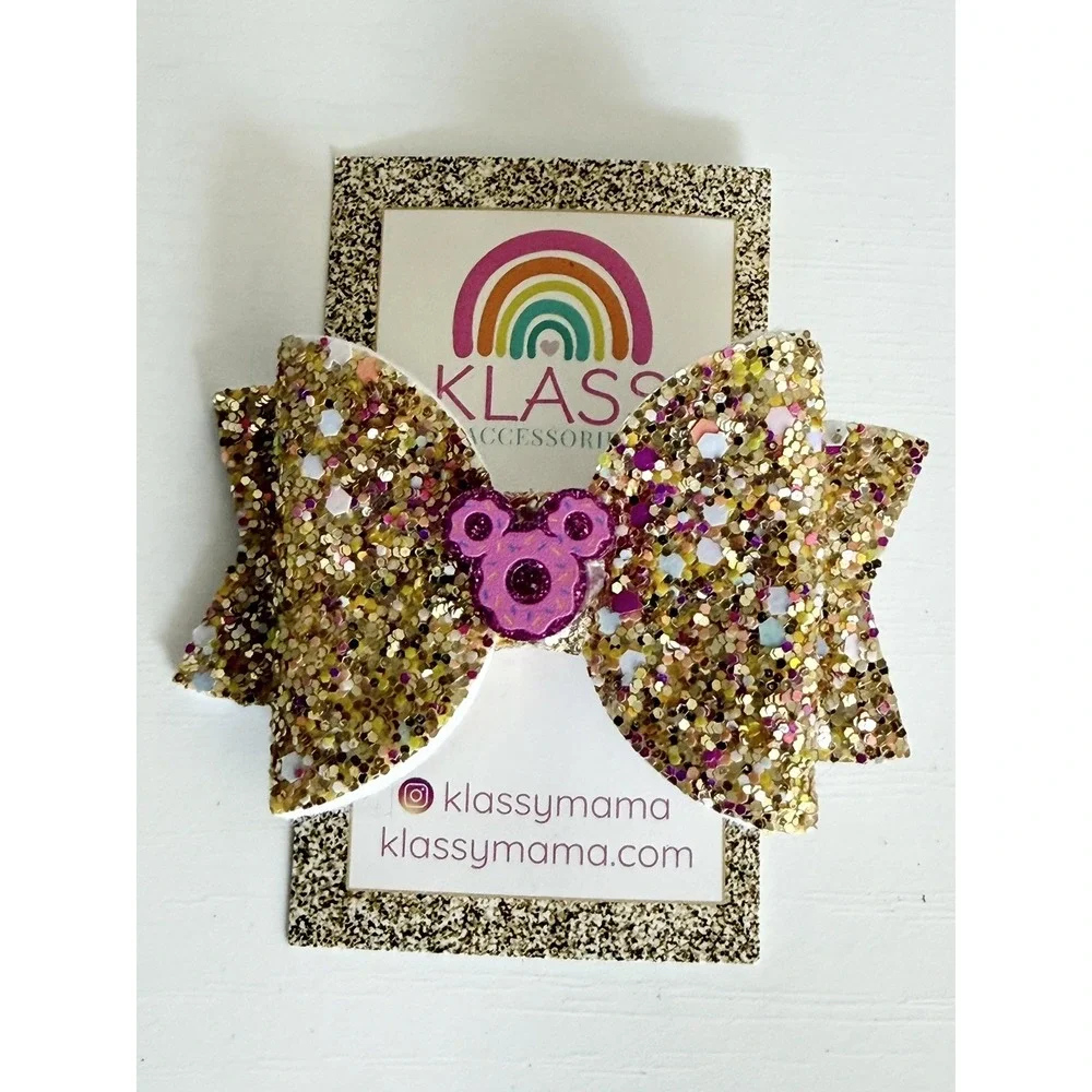 KLASS Girls Disney Mickey Mouse Inspired Pink Gold Glitter Hair Bow 3
